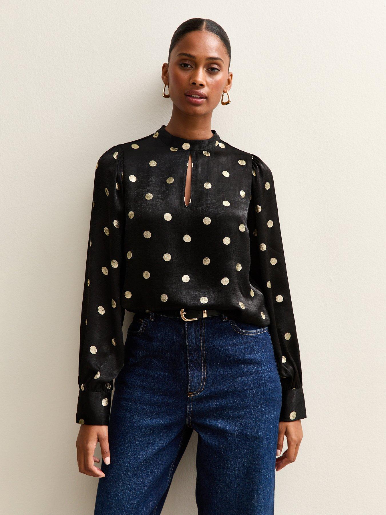 New Look Foiled Polka Dot Keyhole Neck Blouse - Black