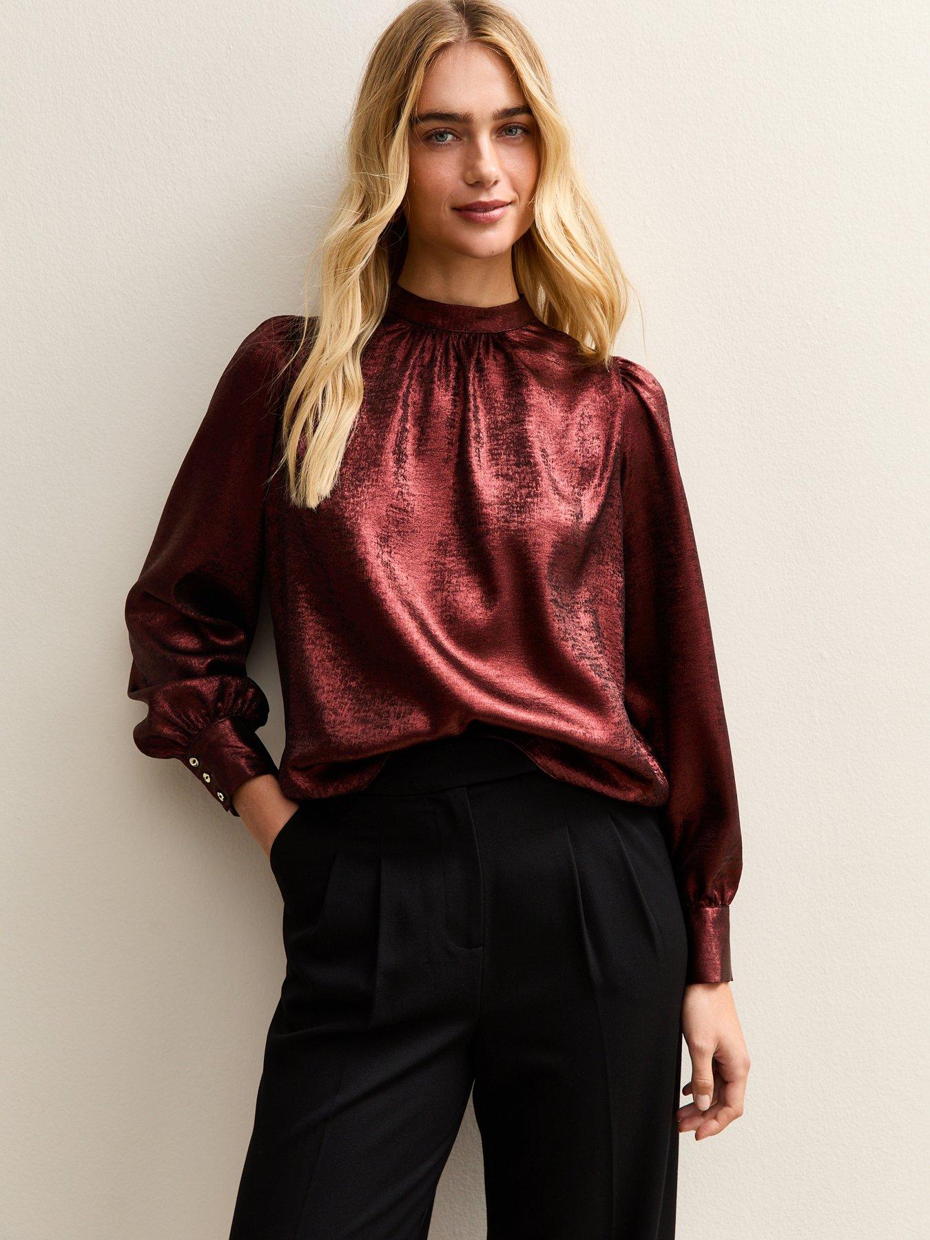 New Look Metallic High Neck Blouse - Dark Burgundy Red