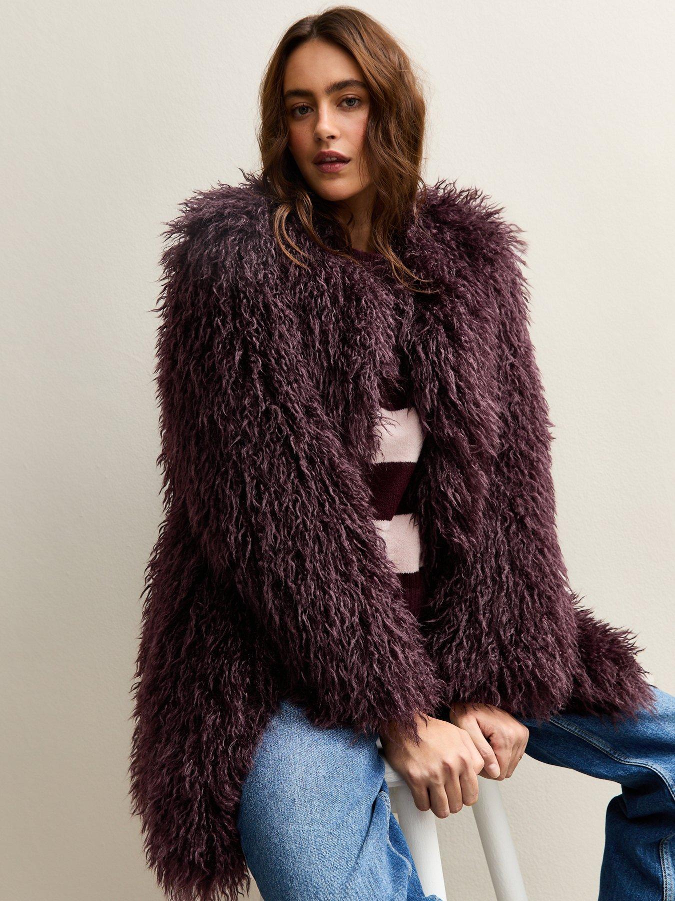Image 1 of 6 of New Look Dark Burgundy Faux Fur Midi Coat