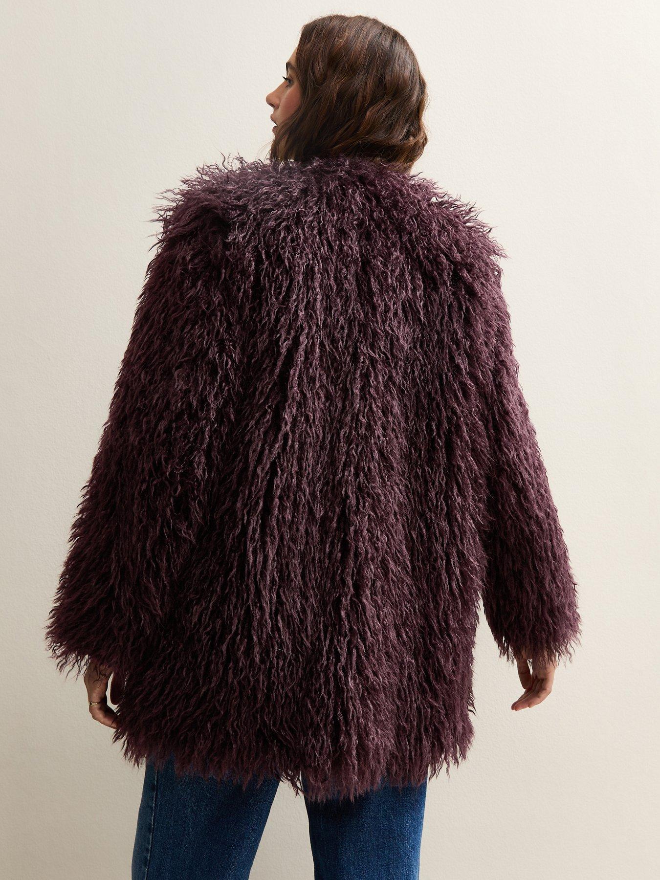 Image 2 of 6 of New Look Dark Burgundy Faux Fur Midi Coat