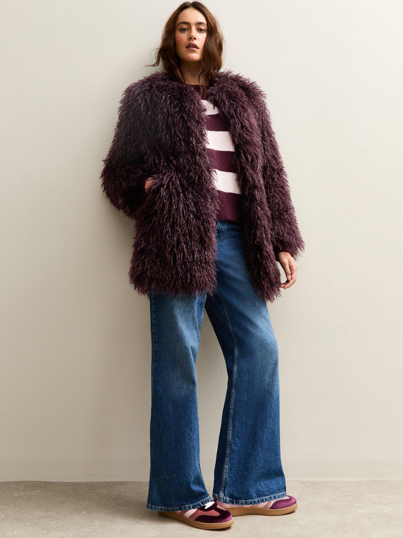Image 3 of 6 of New Look Dark Burgundy Faux Fur Midi Coat