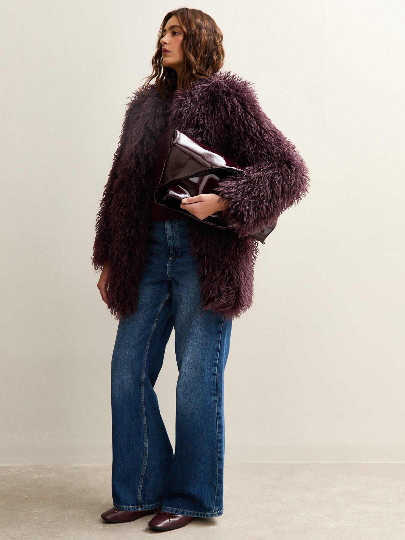 Image 4 of 6 of New Look Dark Burgundy Faux Fur Midi Coat