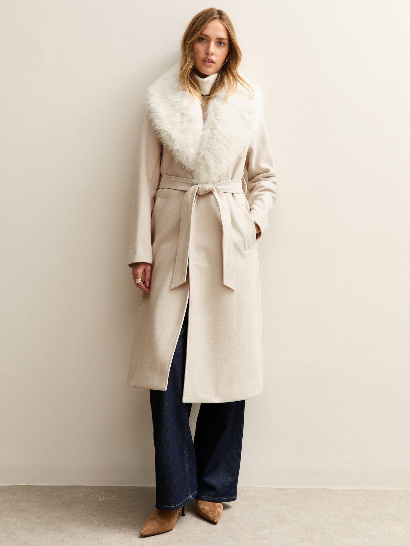 New Look Stone Faux Fur Collar Wrap Coat