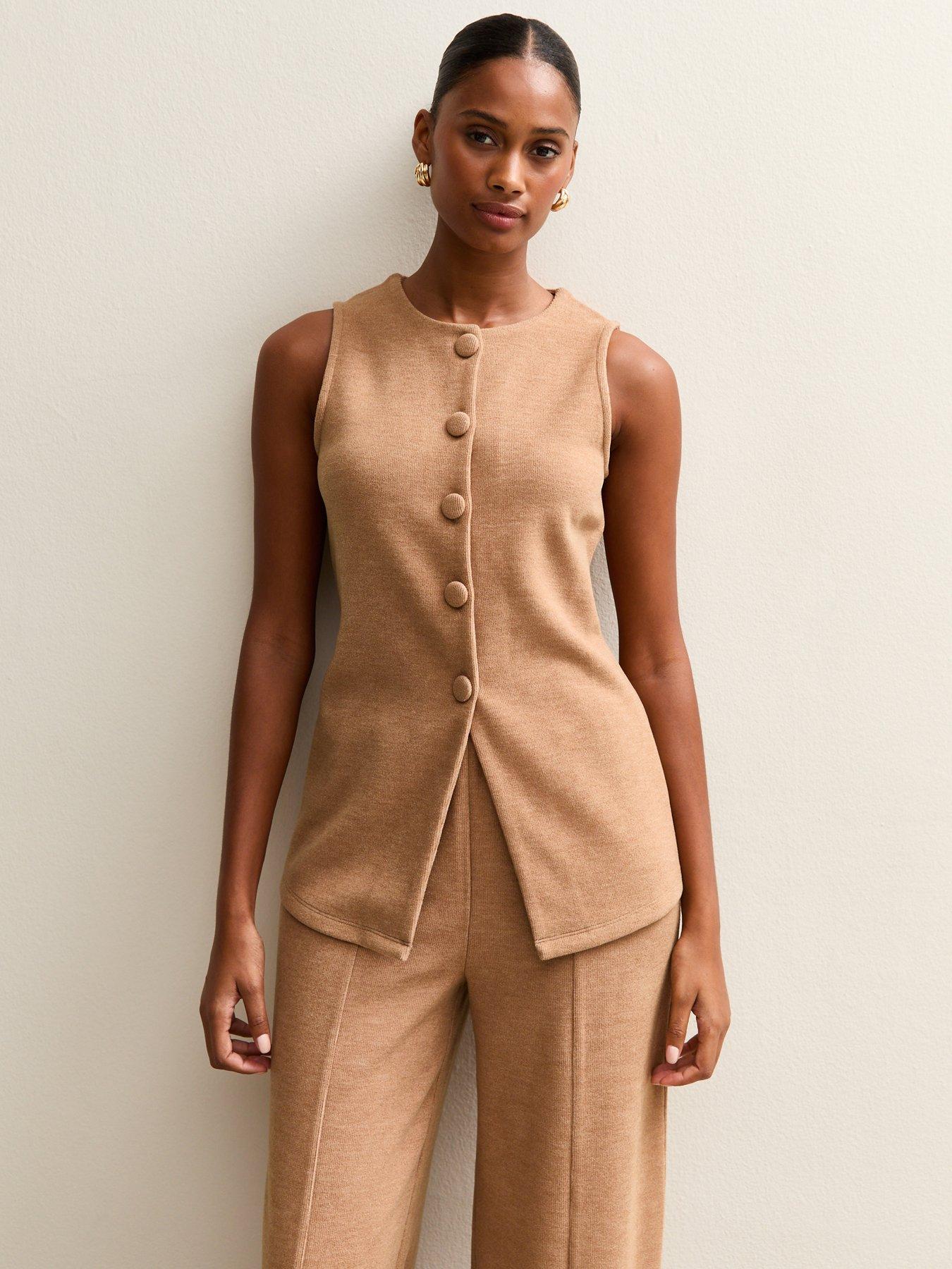 New Look Camel Soft Touch Compact Knit Split Front Waistcoat