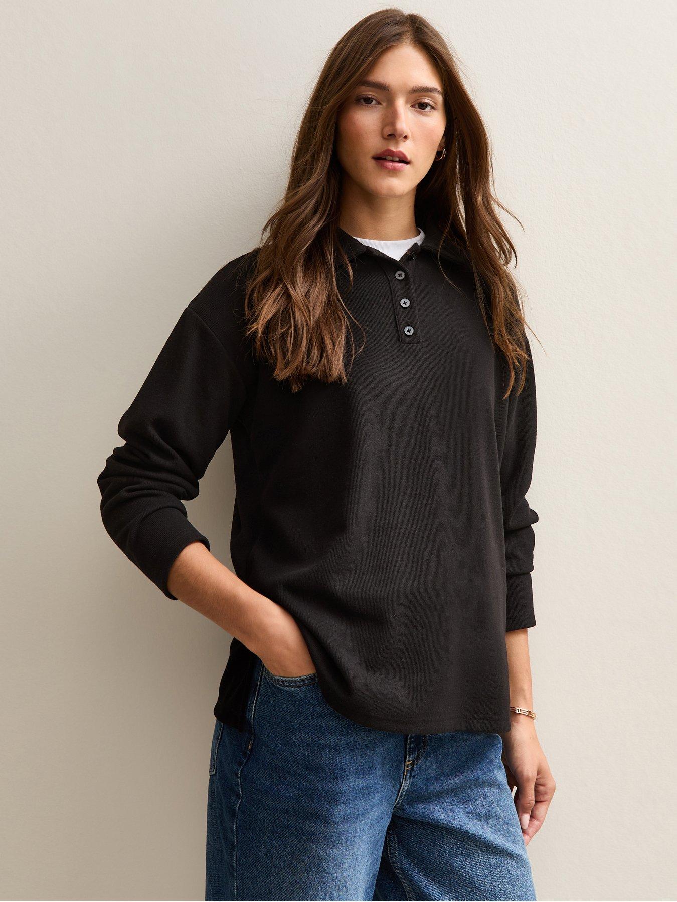 New Look Black Soft Touch Longline Button Up Polo Top