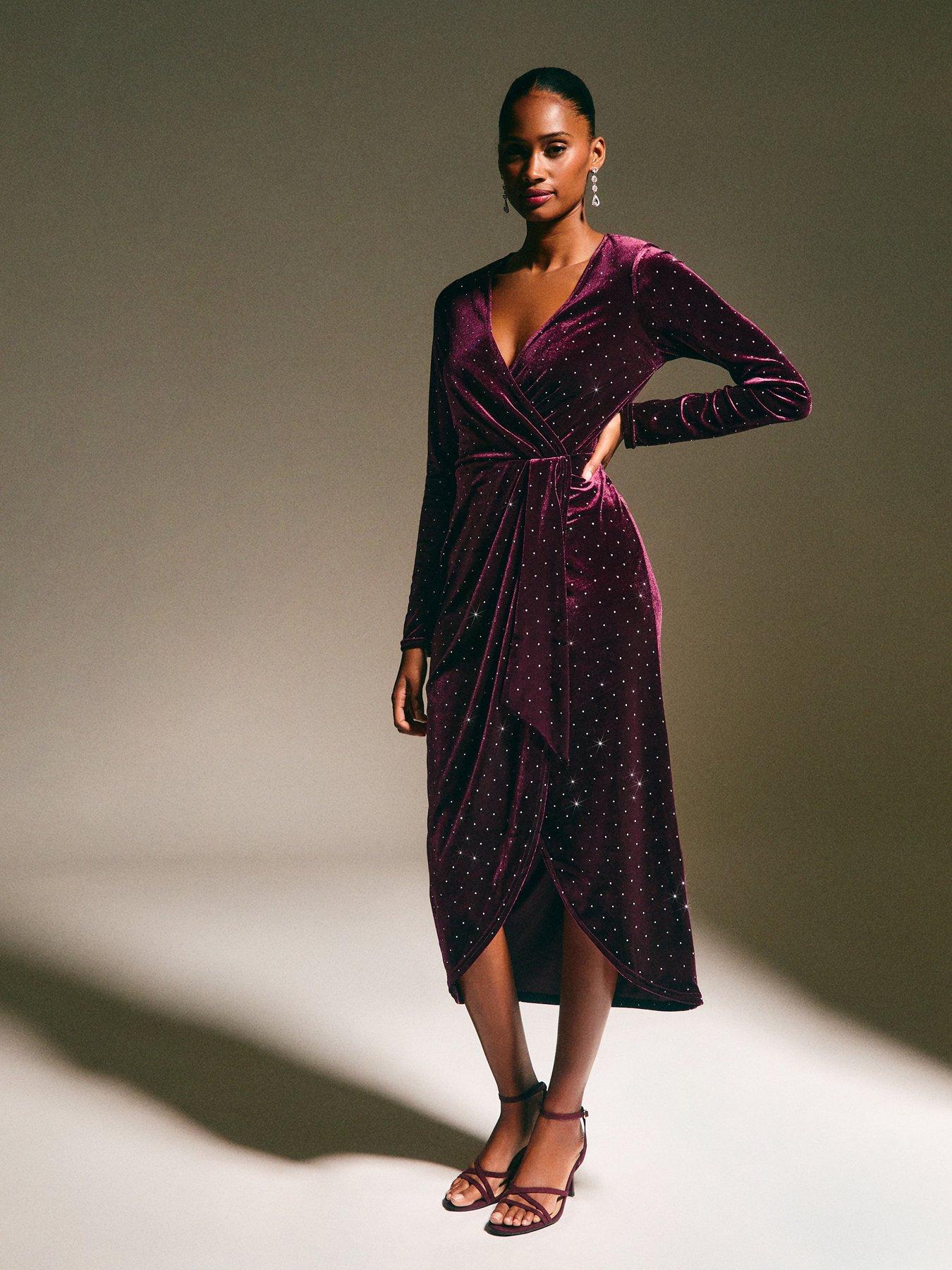 New Look Dark Burgundy Velvet Diamante Embellished Wrap Midi Dress