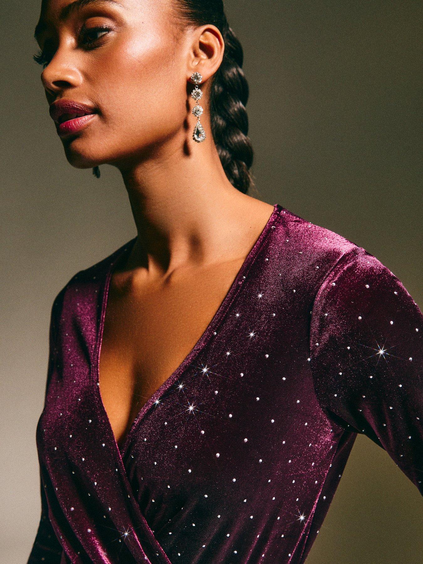 princess polly baby blue dress New Look Dark Burgundy Velvet Diamante Embellished Wrap Midi Dress