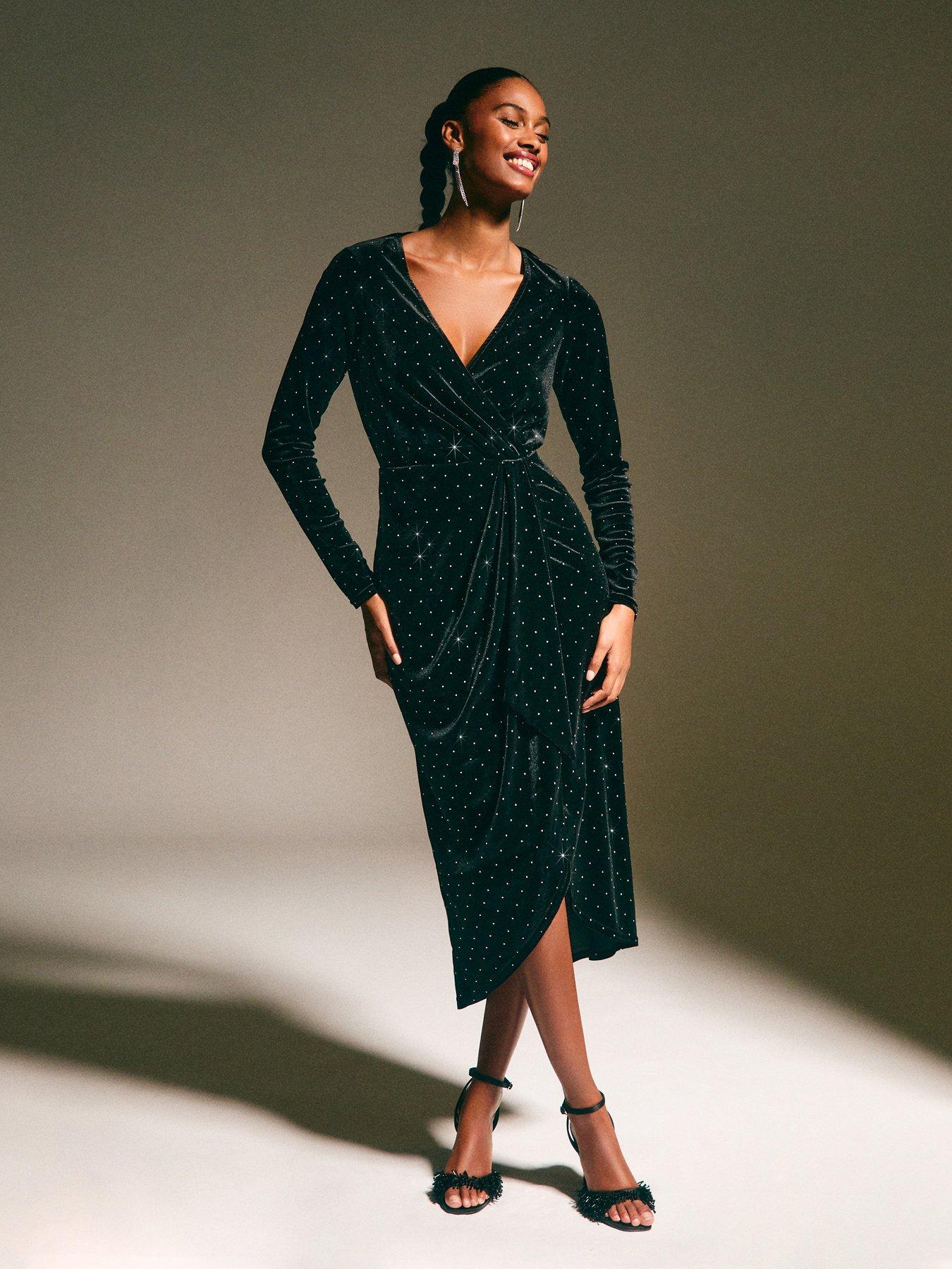 New Look: Black Velvet Diamante Embellished Wrap Midi Dress