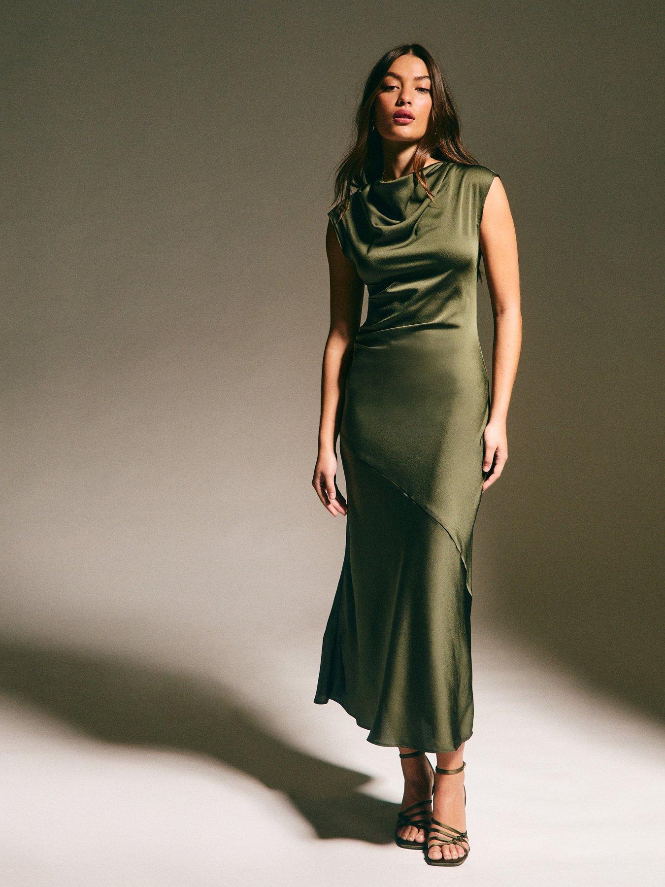 New Look: Light Khaki Satin Cowl Neck Midi Dress