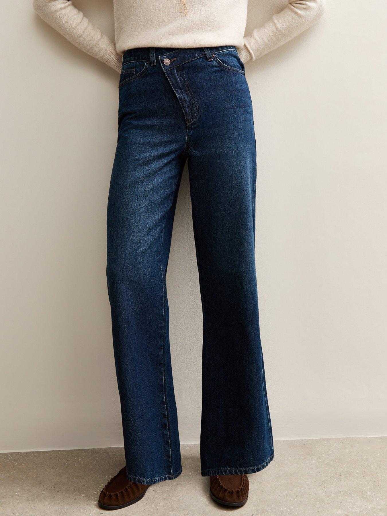 Image 1 of 6 of New Look Dark Blue Crossover Fly Wide Leg Jeans