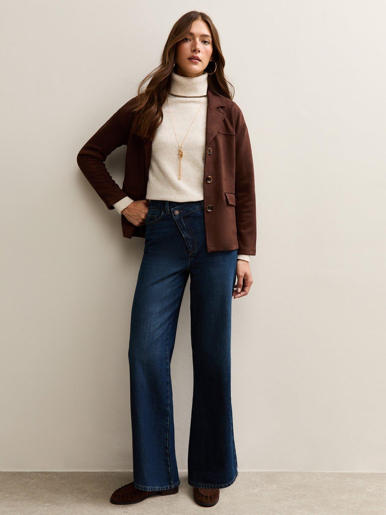 Image 3 of 6 of New Look Dark Blue Crossover Fly Wide Leg Jeans