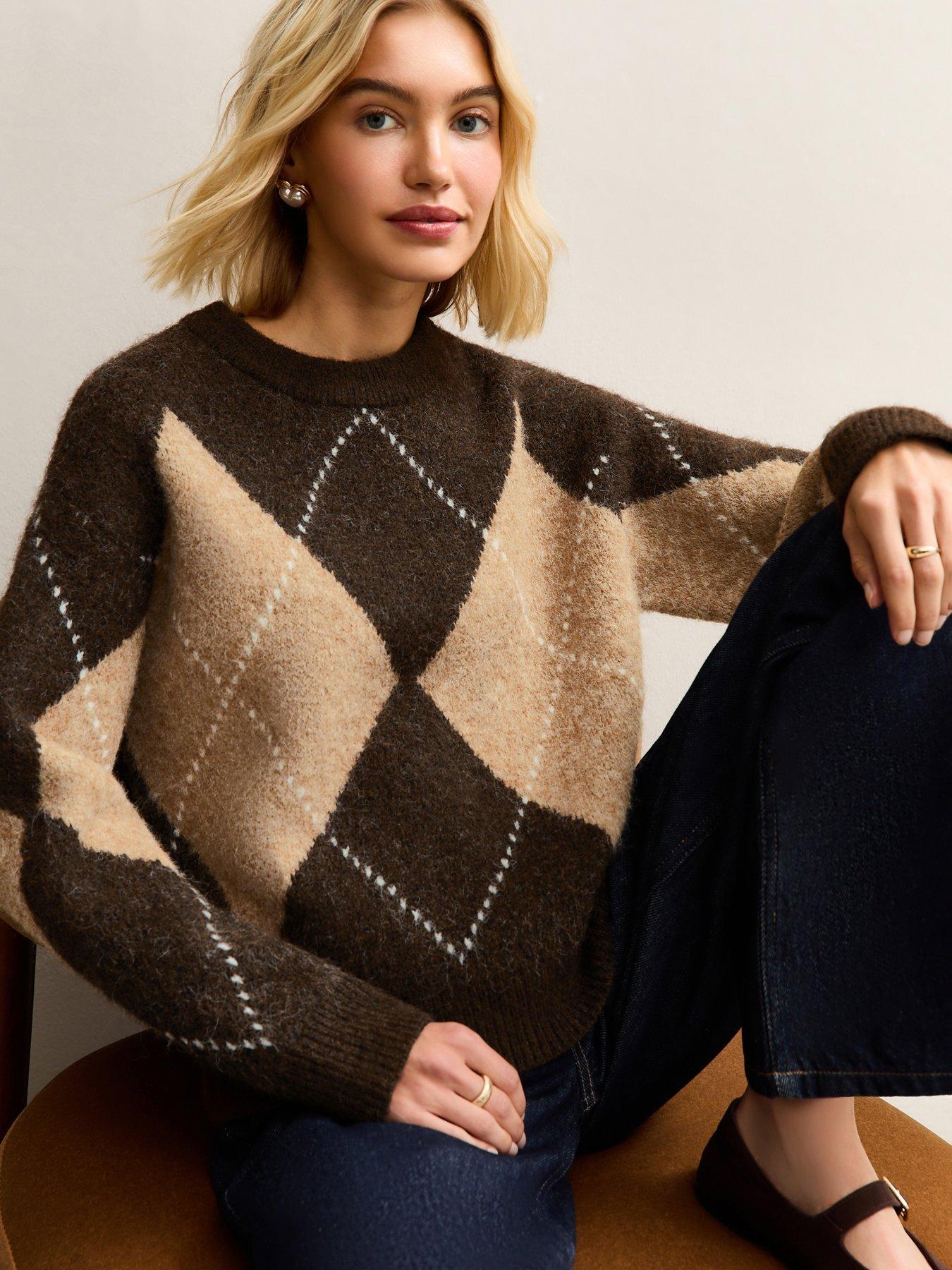 New Look Argyle Pattern Crew Neck Jumper - Brown