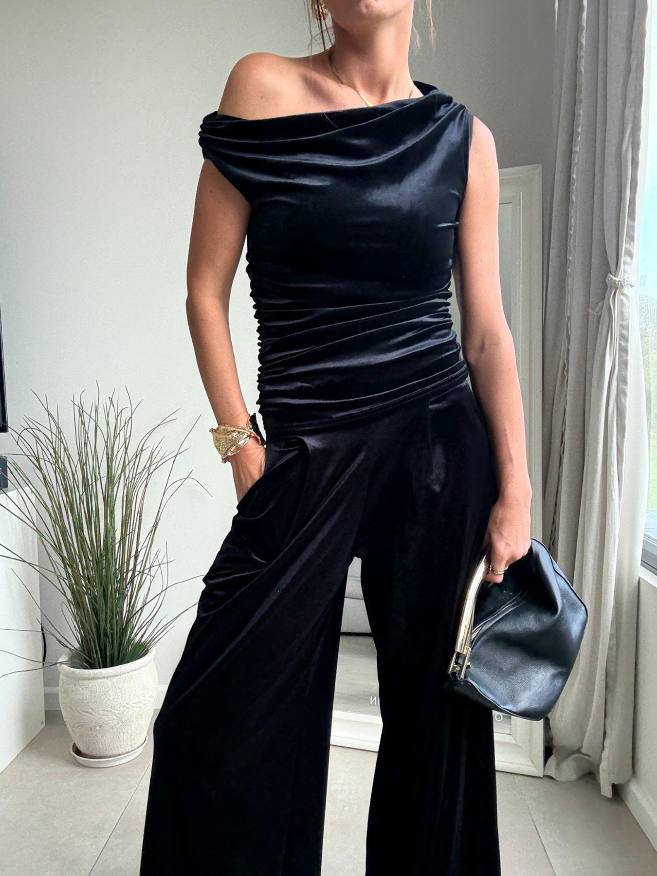Style Cheat Velvet Assymetric One Shoulder Top - Black