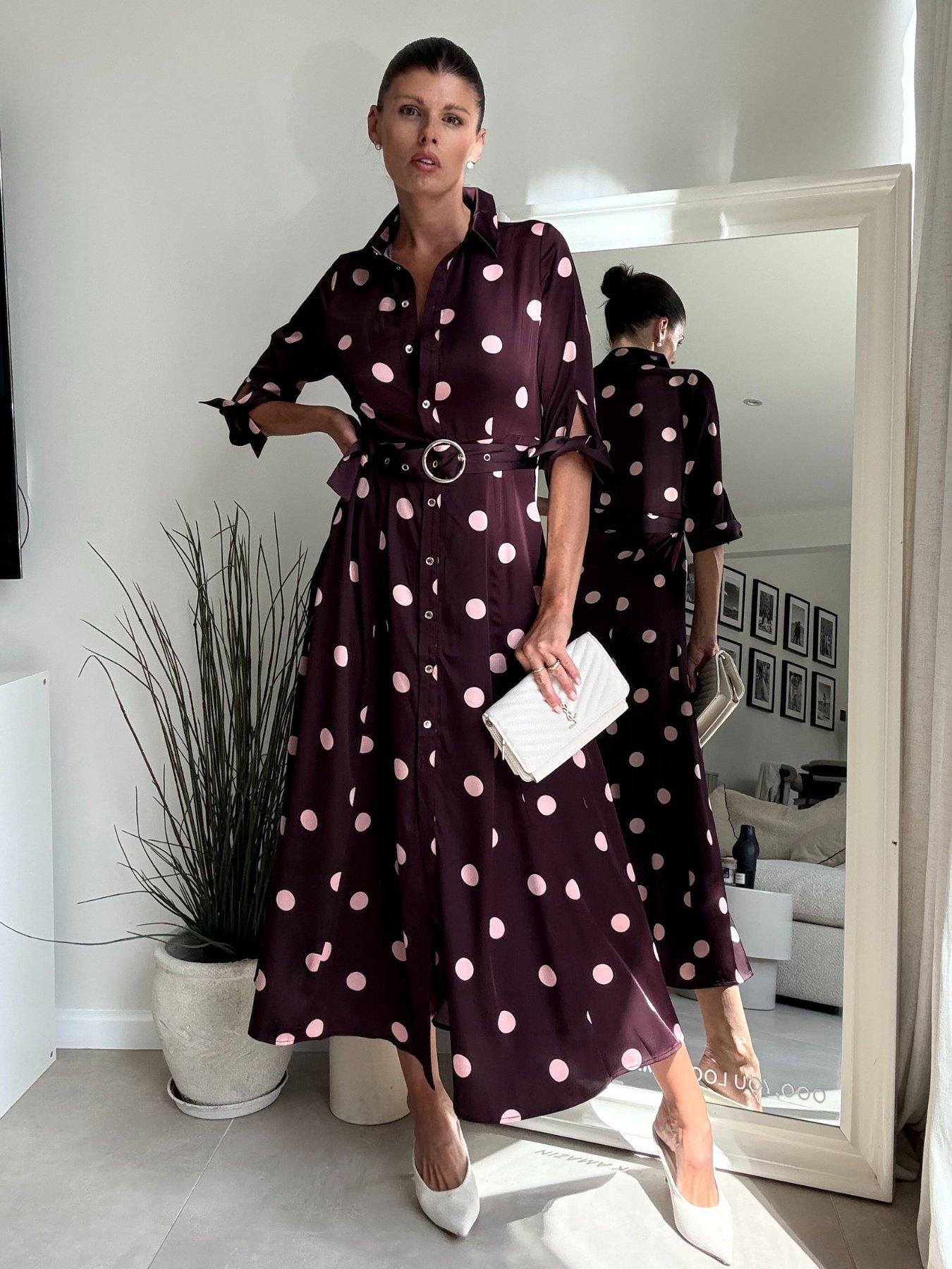 Style Cheat Polka Dot Midi Belted Shirt Dress - Brown/pink