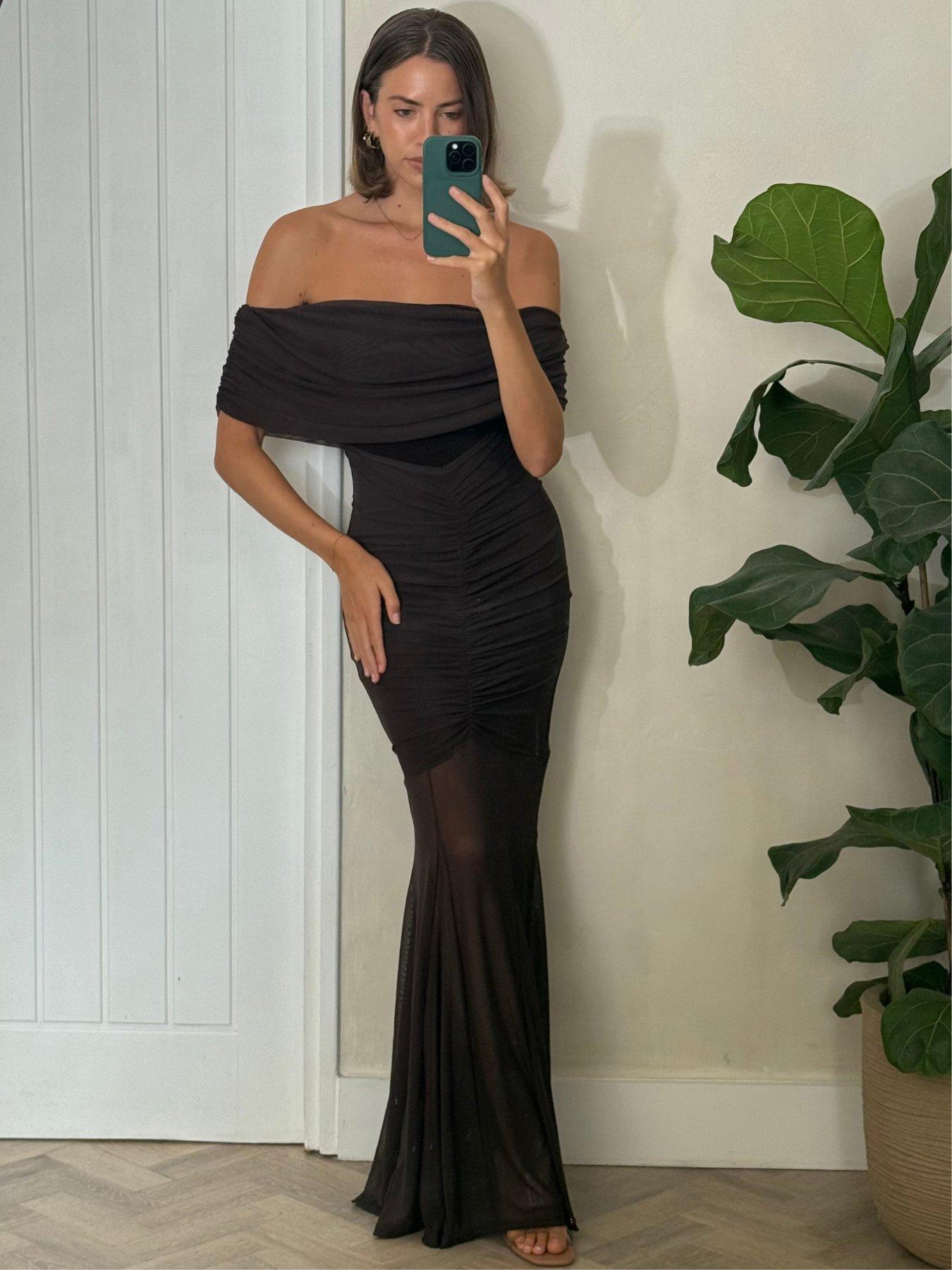 Style Cheat Mesh Bardot Cinched Midi Dress - Brown