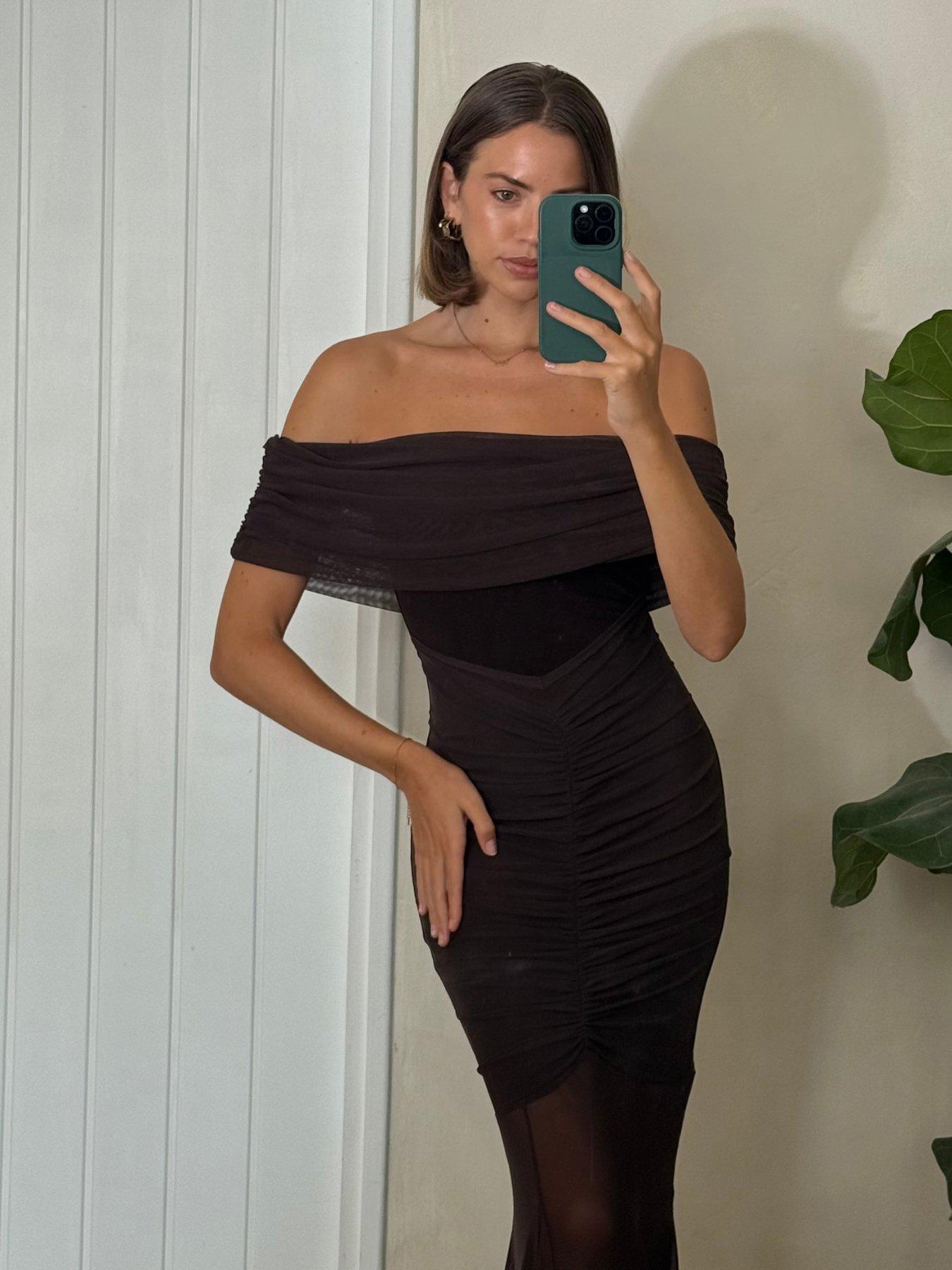 black dresser for sale Léana Black Mesh Panel Ruched Maxi Dress, M / Black