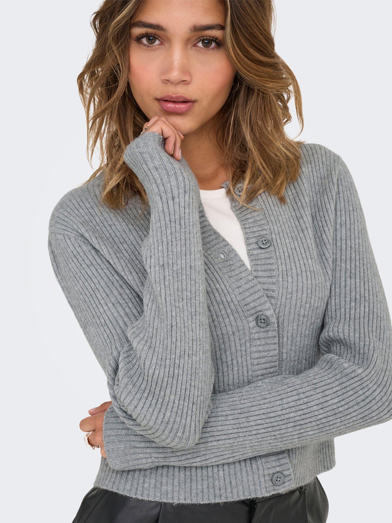 Only Long Sleeve Button Down Rib Knit Cardigan - Grey