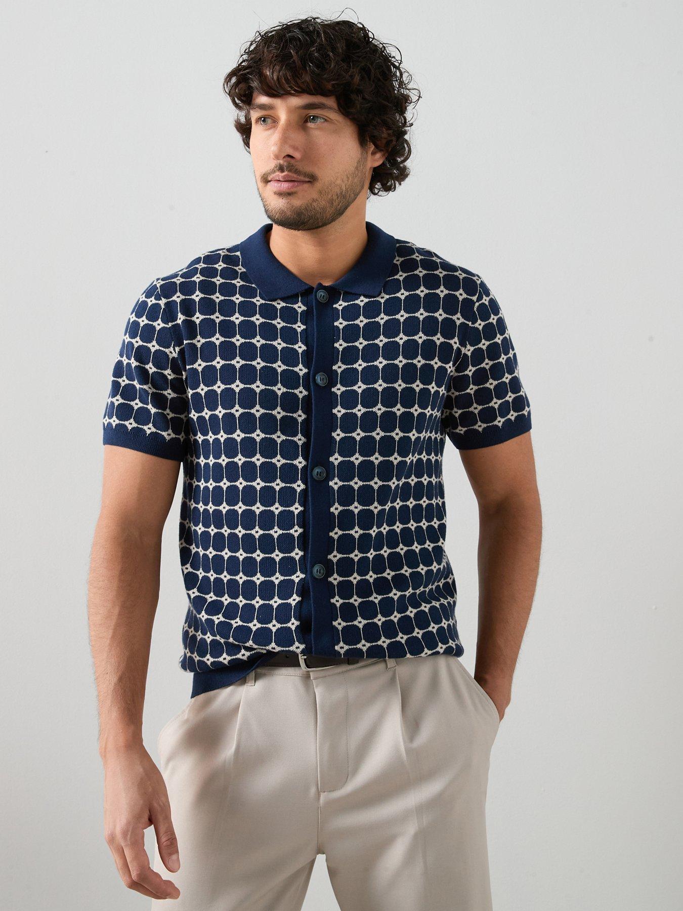 Image 1 of 7 of The Very Collection Cotton Blend Jacquard Pattern Button Through Shirt - Navy
