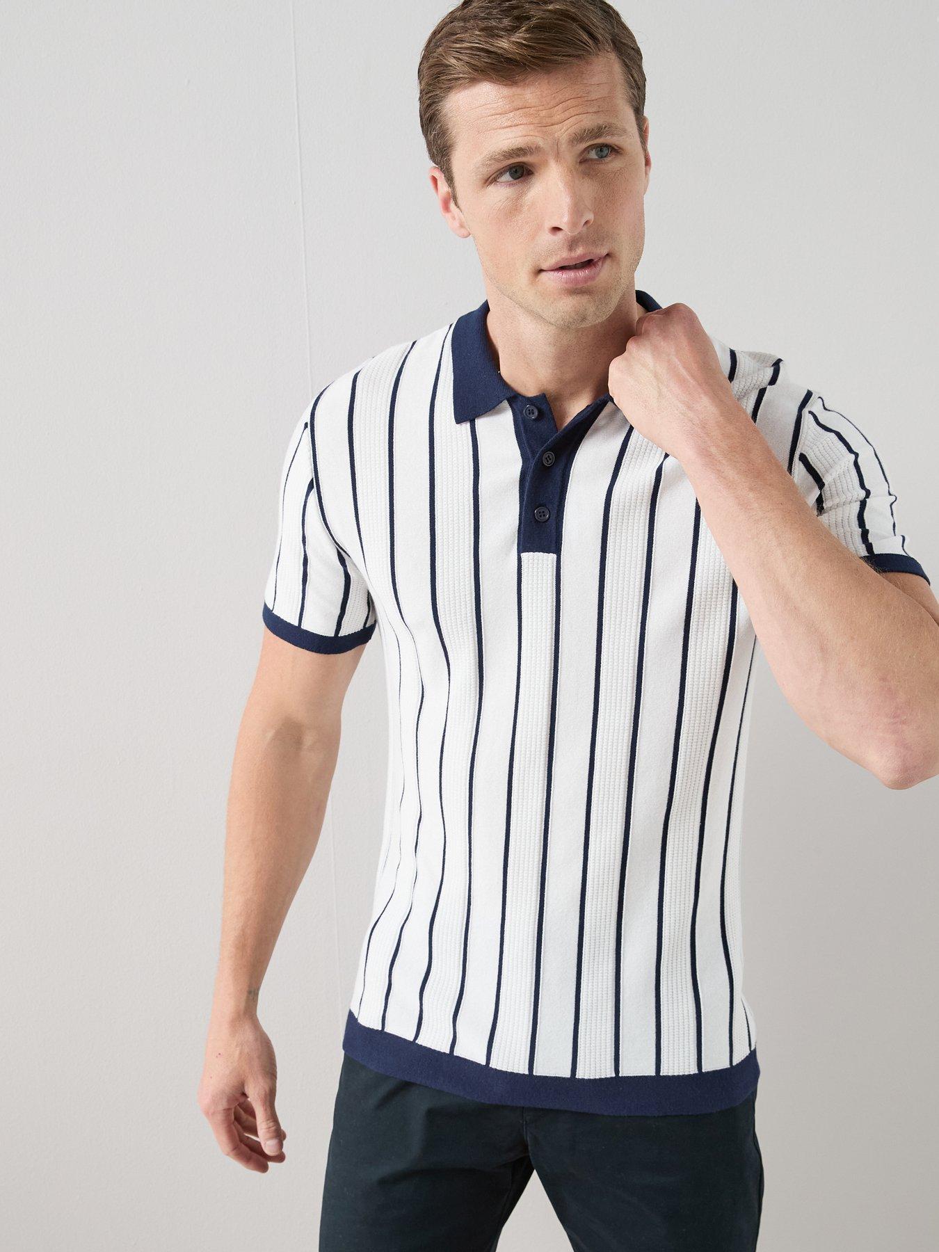 Image 1 of 6 of The Very Collection Cotton Blend Blue Stripe Knitted Polo - White