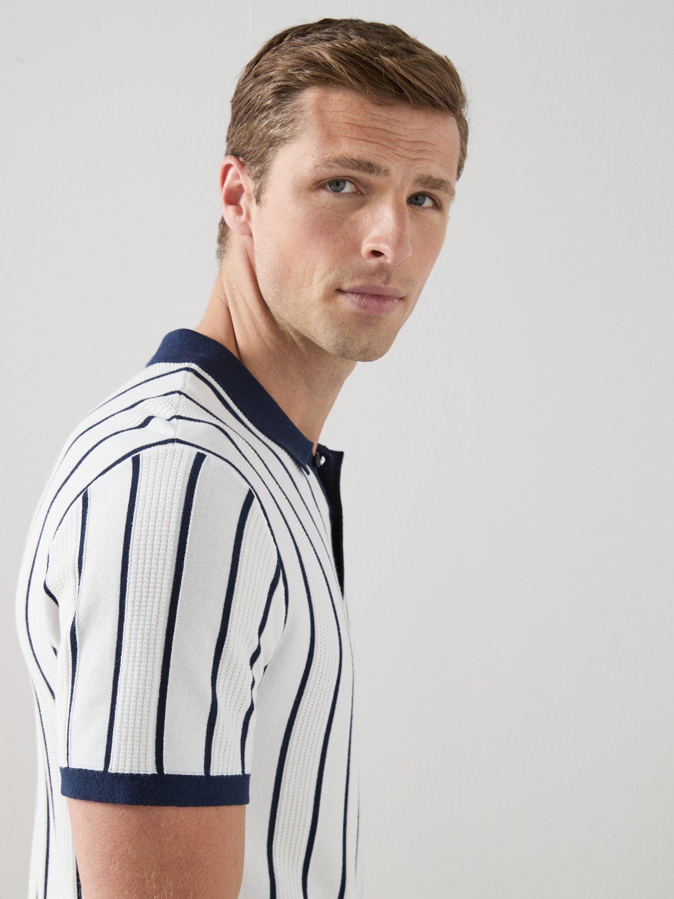 Image 4 of 6 of The Very Collection Cotton Blend Blue Stripe Knitted Polo - White