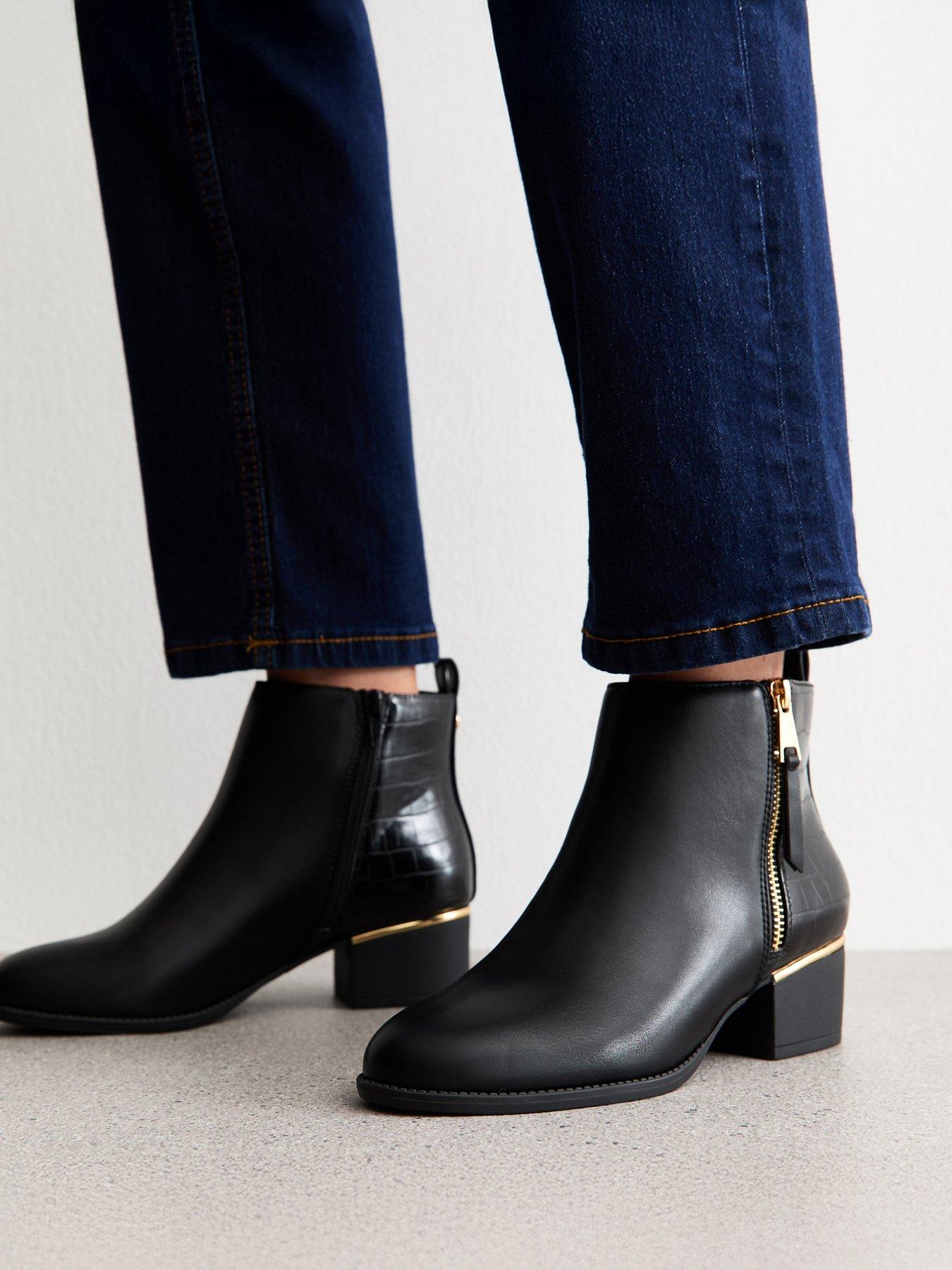 Image 1 of 6 of New Look Faux Leather Block Heel Ankle Boots- Black