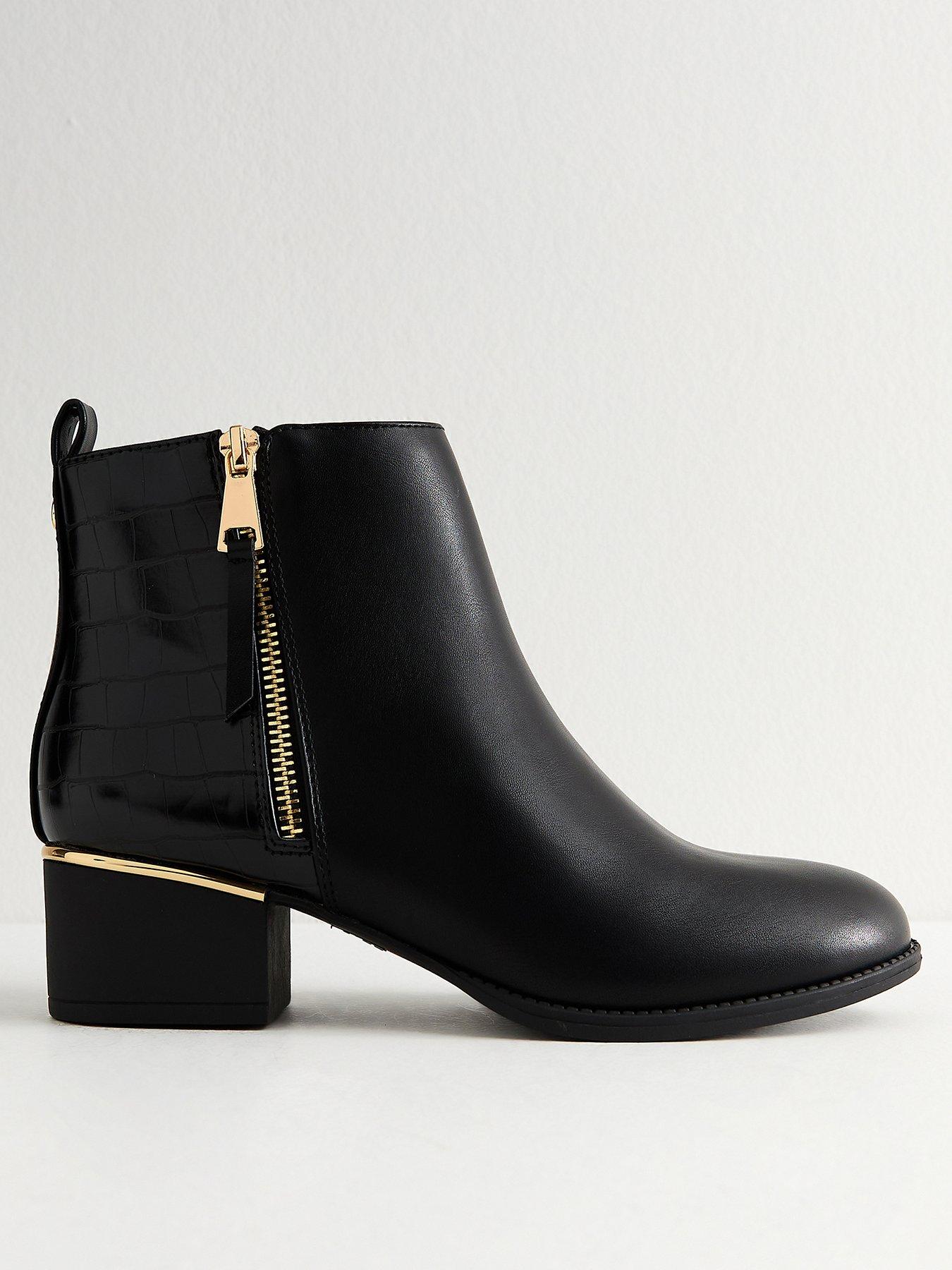 Image 2 of 6 of New Look Faux Leather Block Heel Ankle Boots- Black