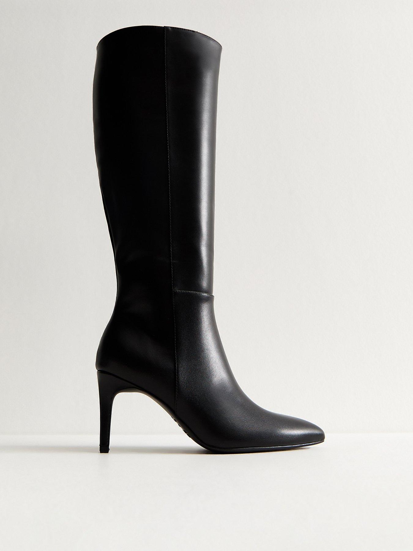 New Look: Black Faux Leather Zip Up Stiletto Knee High Boots