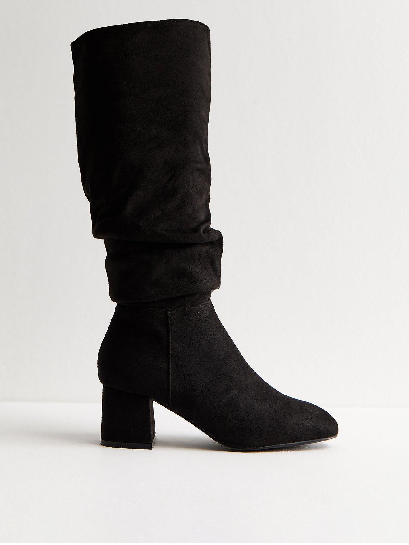 New Look Black Faux Suede Ruched Knee High Boots