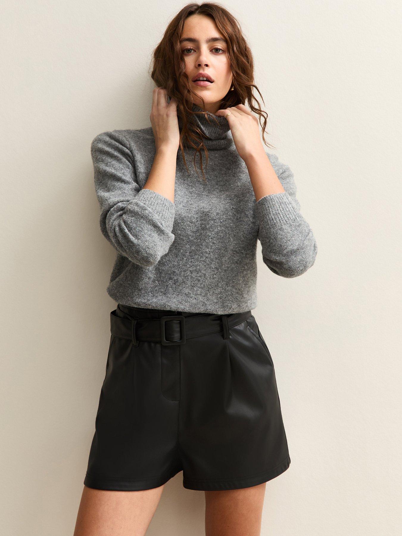 Image 1 of 5 of New Look Black Faux Leather Belted Shorts