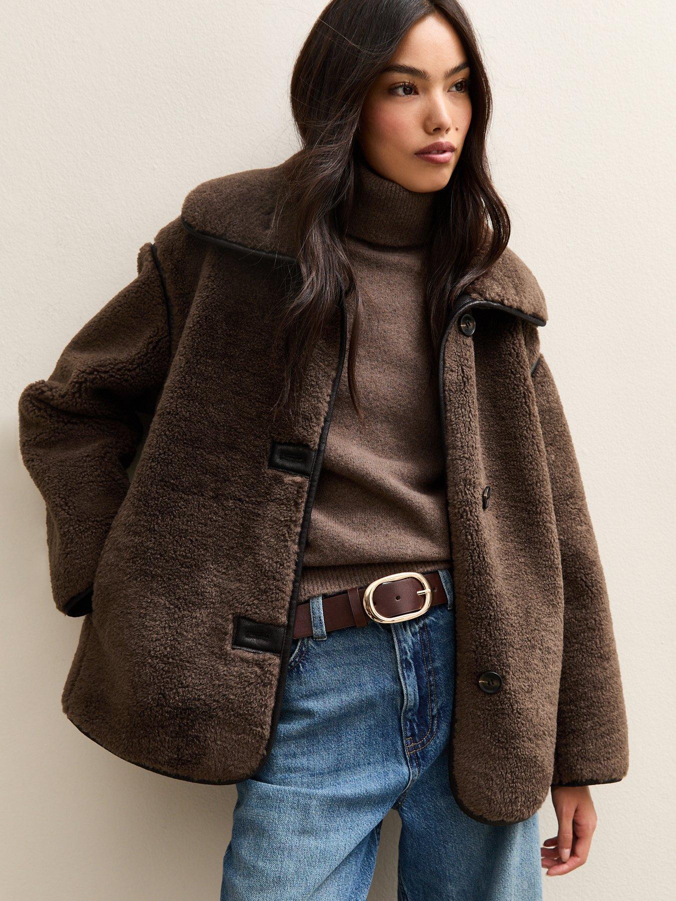 New Look Faux Fur Borg Bonded Jacket - Dark Brown