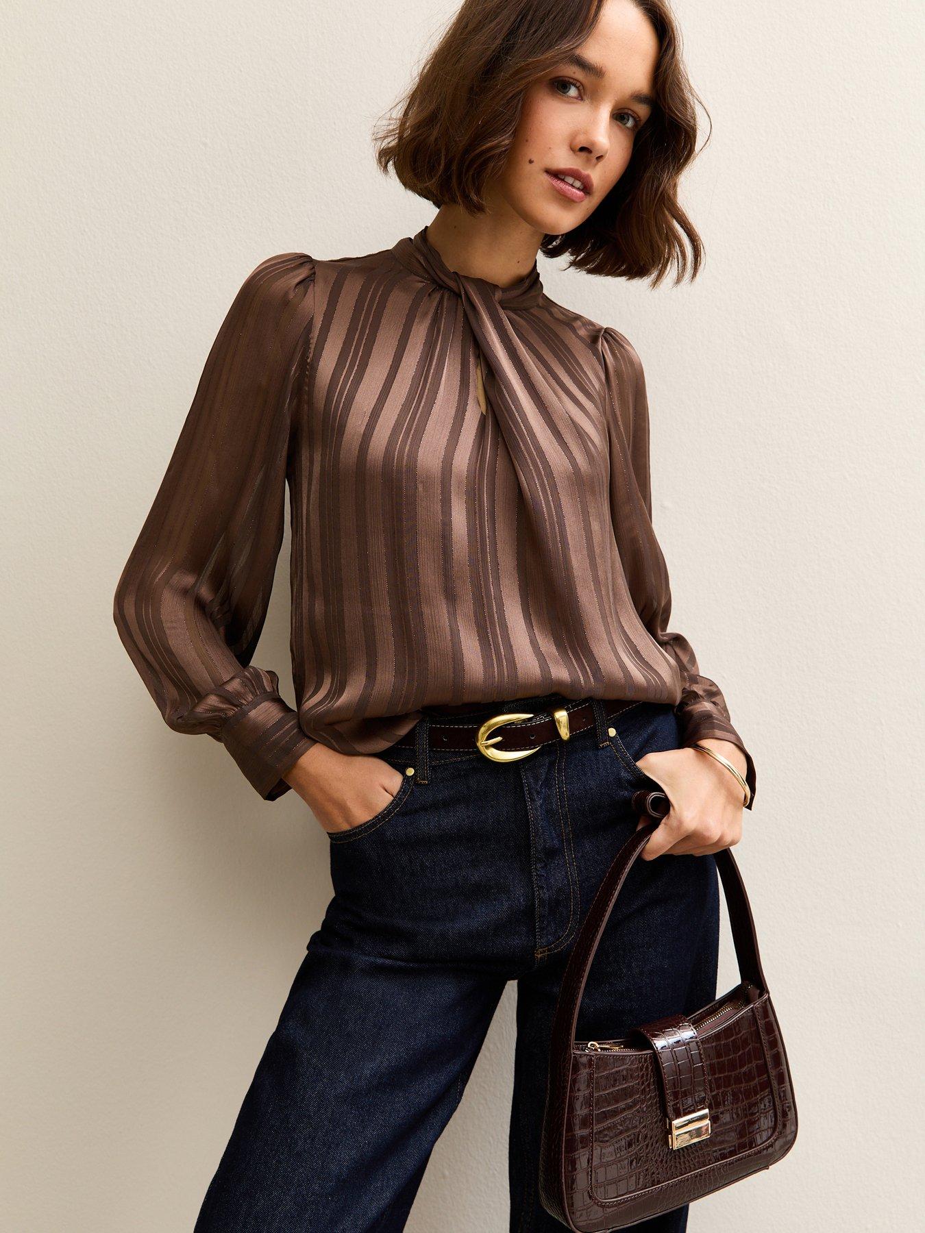 Image 1 of 6 of New Look Metallic Stripe High Neck Blouse - Dark Brown