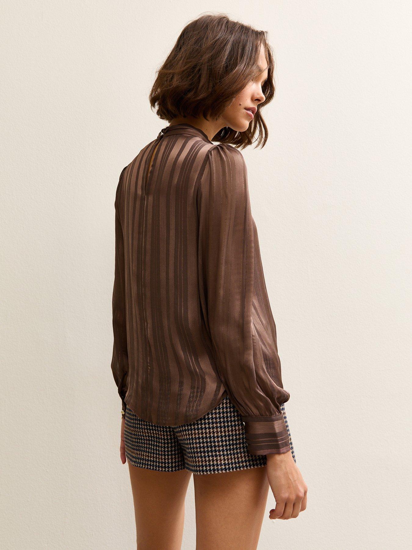 Image 2 of 6 of New Look Metallic Stripe High Neck Blouse - Dark Brown