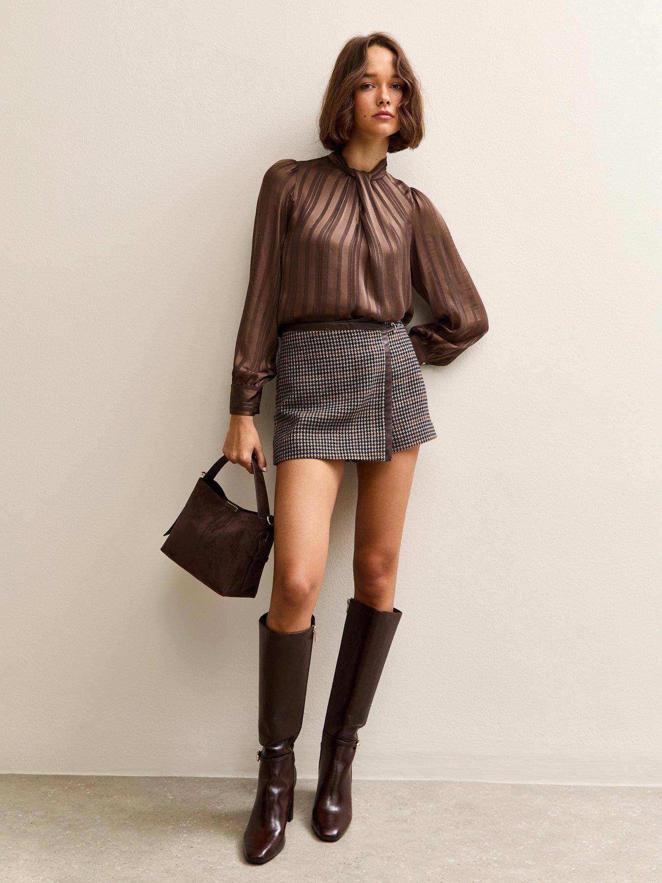 Image 3 of 6 of New Look Metallic Stripe High Neck Blouse - Dark Brown