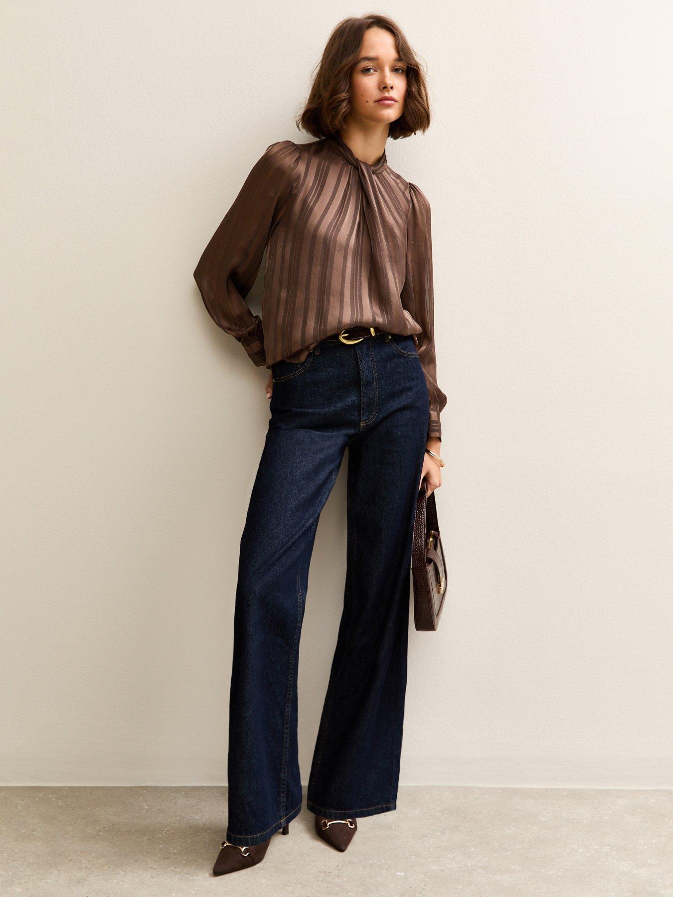 Image 5 of 6 of New Look Metallic Stripe High Neck Blouse - Dark Brown