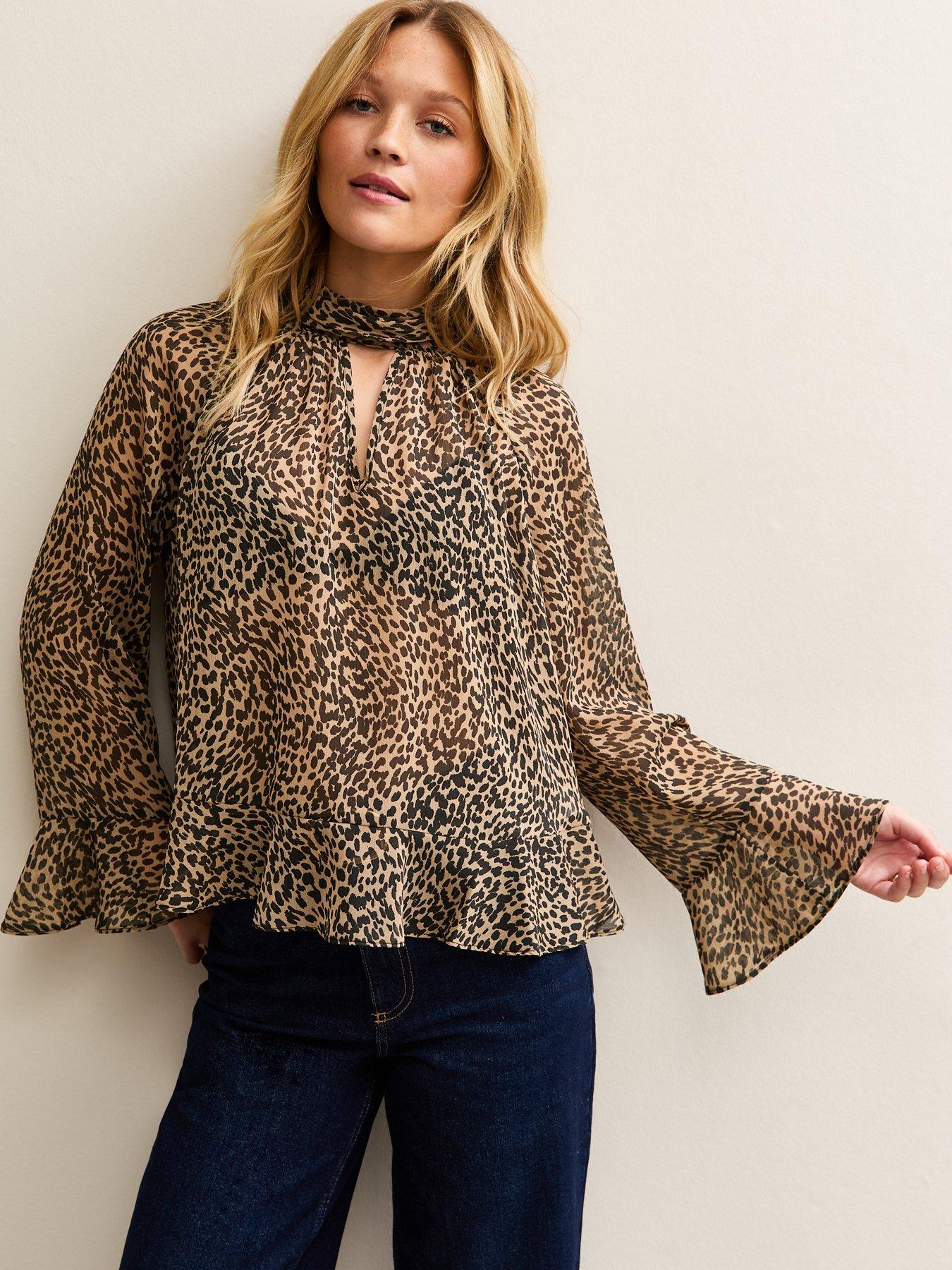New Look Brown Animal Print High Neck Keyhole Blouse