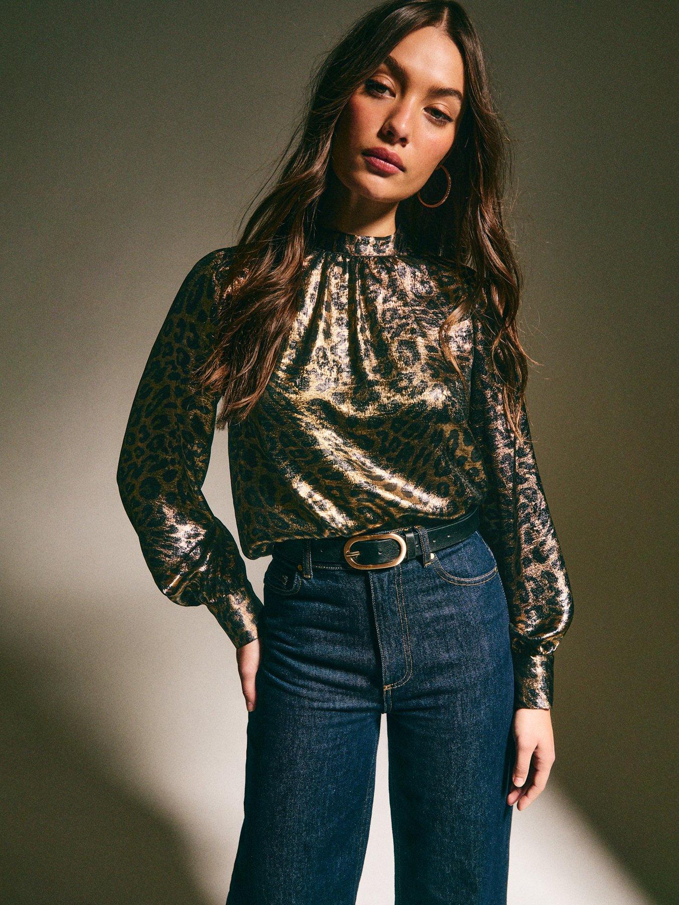 New Look Animal Print High Neck Blouse - Black/Bronze Metallic