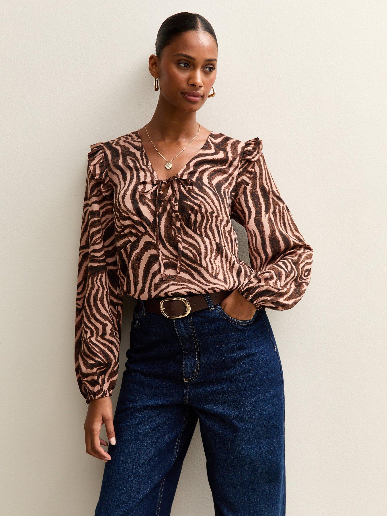 Image 1 of 6 of New Look Zoe Zebra Ruffle Tea Blouse - Brown