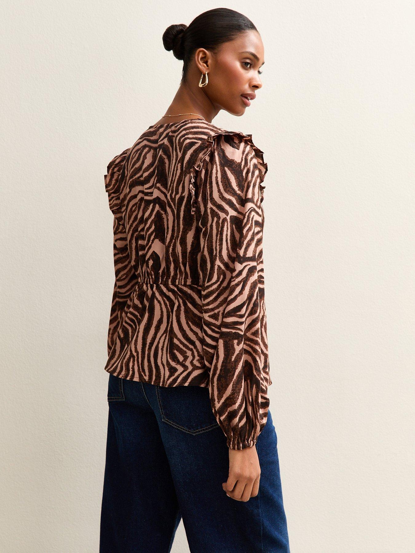 Image 2 of 6 of New Look Zoe Zebra Ruffle Tea Blouse - Brown