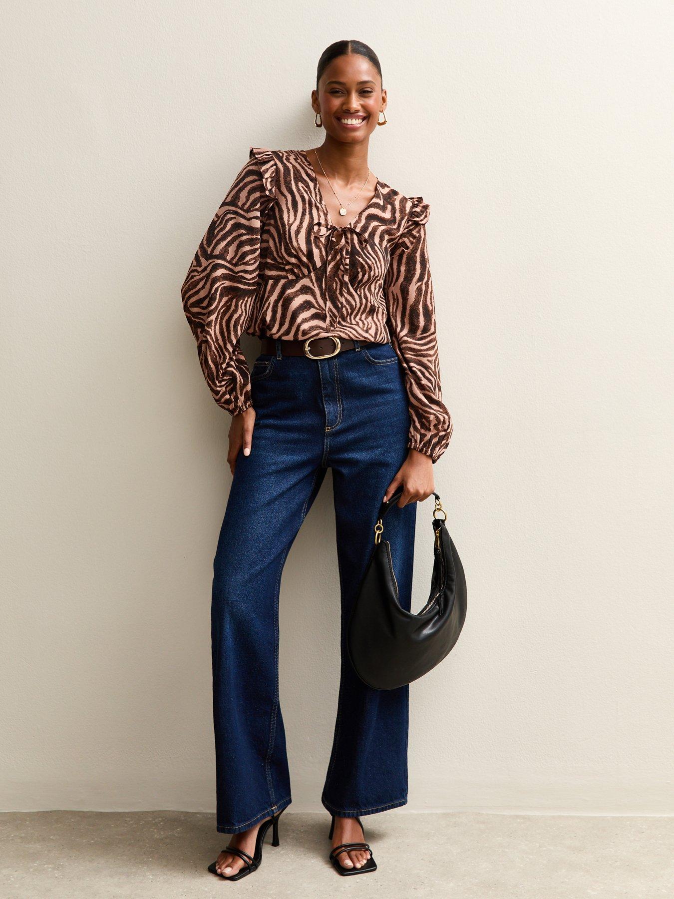 Image 3 of 6 of New Look Zoe Zebra Ruffle Tea Blouse - Brown