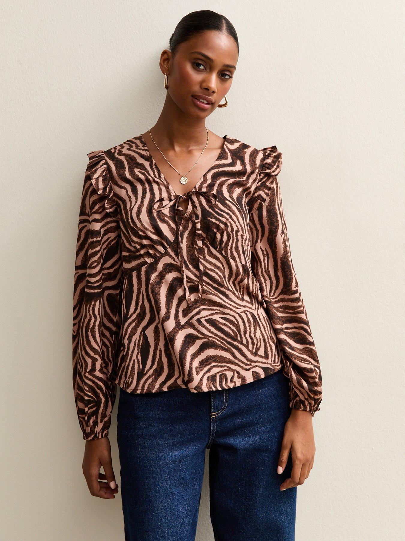 Image 4 of 6 of New Look Zoe Zebra Ruffle Tea Blouse - Brown