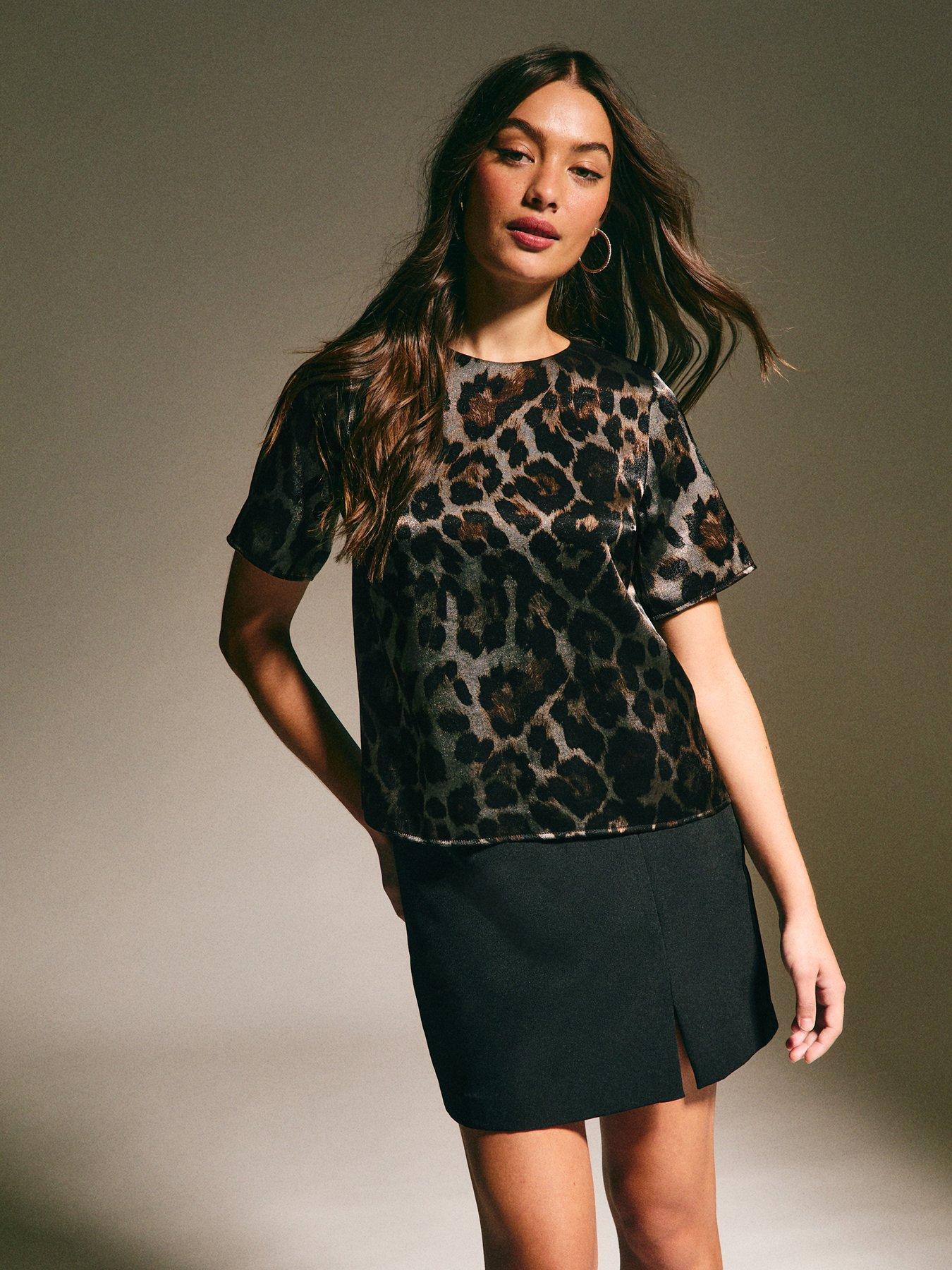 New Look Animal Print Glittery Short Sleeve Top - Black