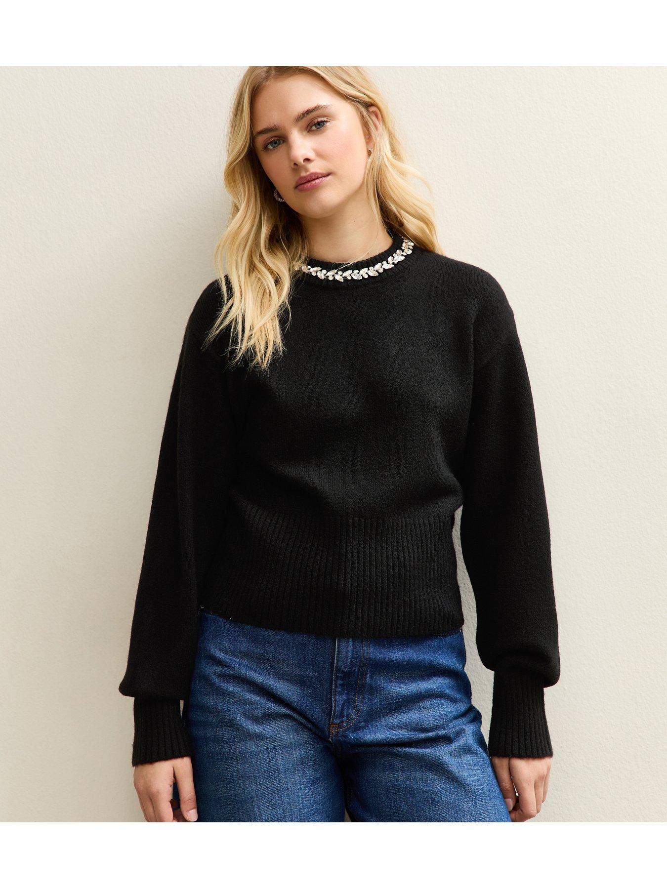 New Look Black Embellished Necklace Jumper Very