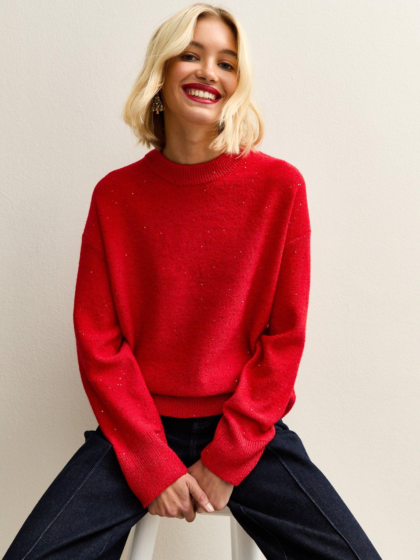 New Look Dark Red Sequin Yarn Crew Neck Jumper