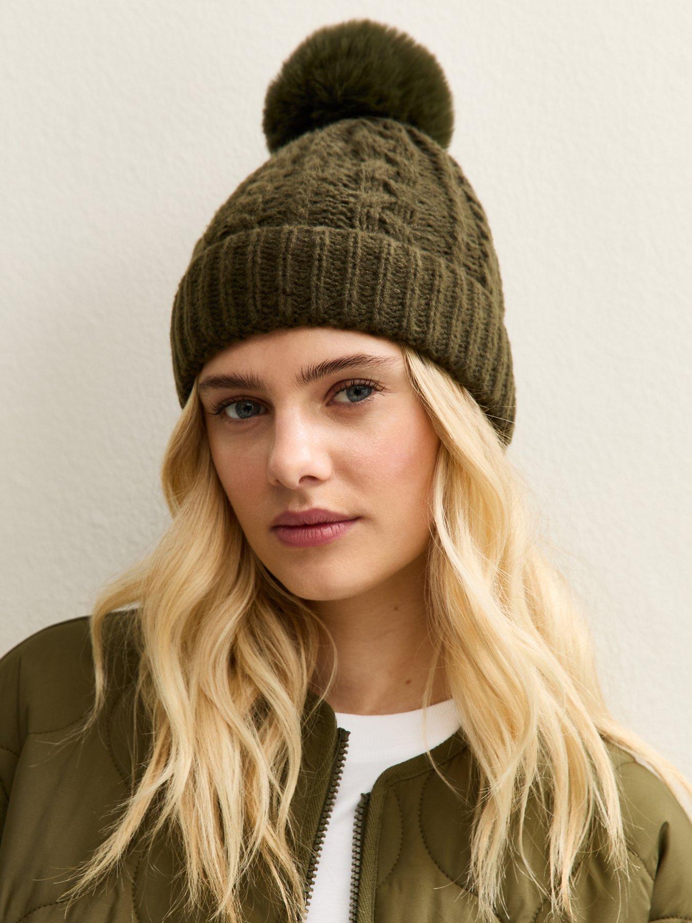 New Look Khaki Cable Knit Faux Fur Pom Bobble Beanie