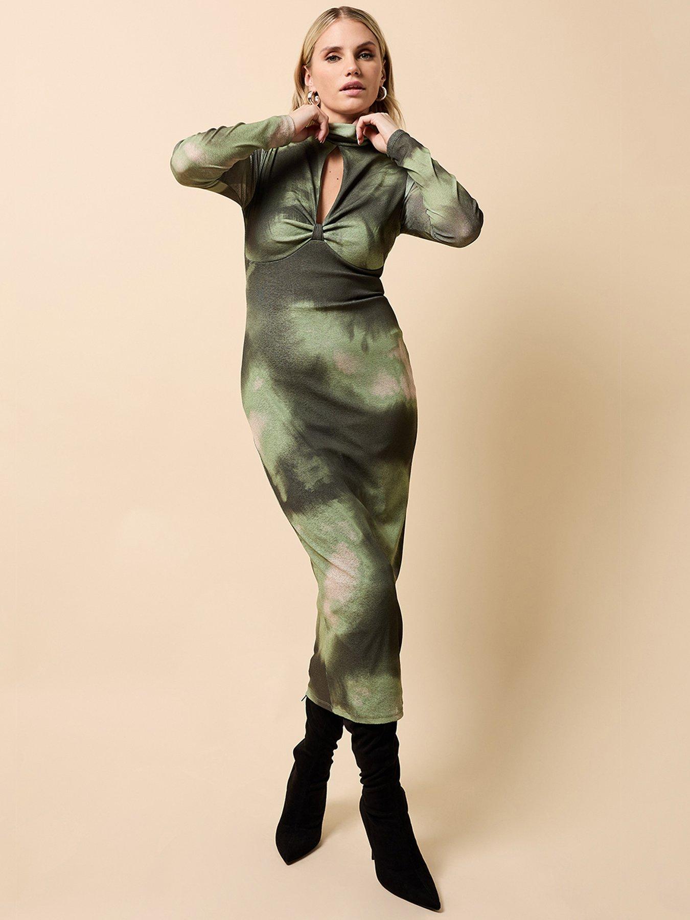 Little Mistress Khaki Print Keyhole Midaxi Dress - Green