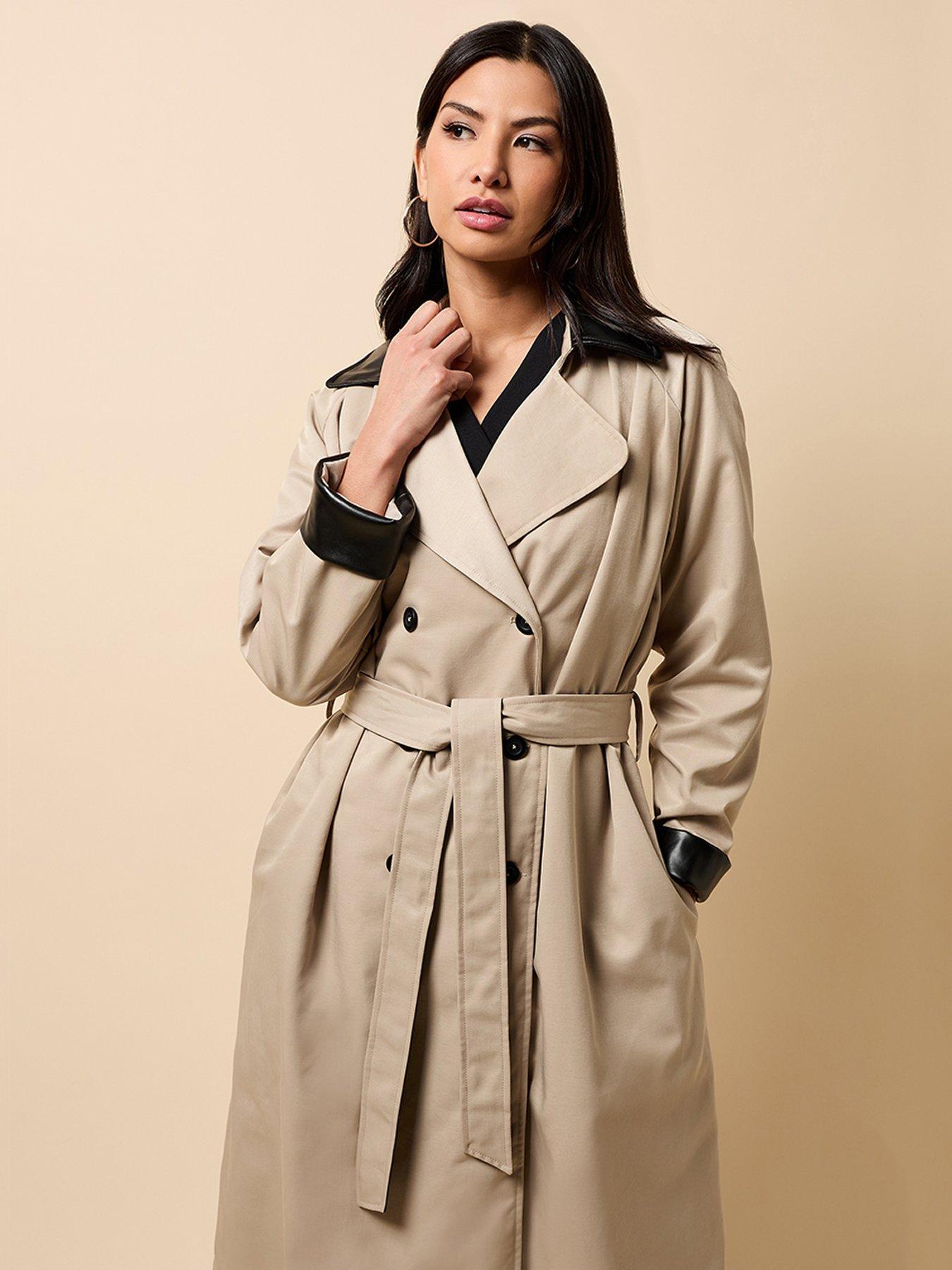 Little Mistress Camel PU Contrast Trim Trench Coat - Brown