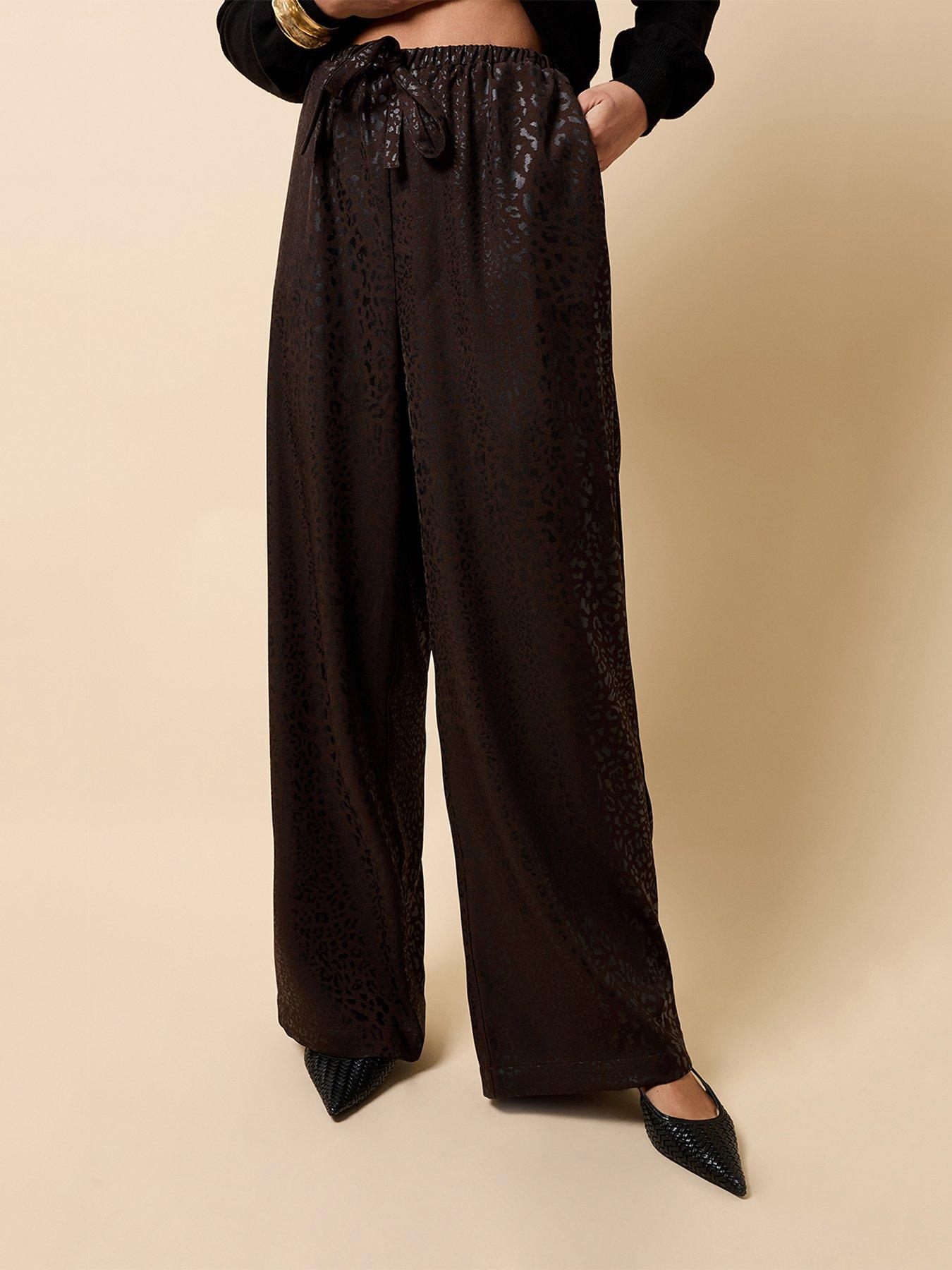 Little Mistress Chocolate Animal Texture Satin Wide Leg Trousers - Brown