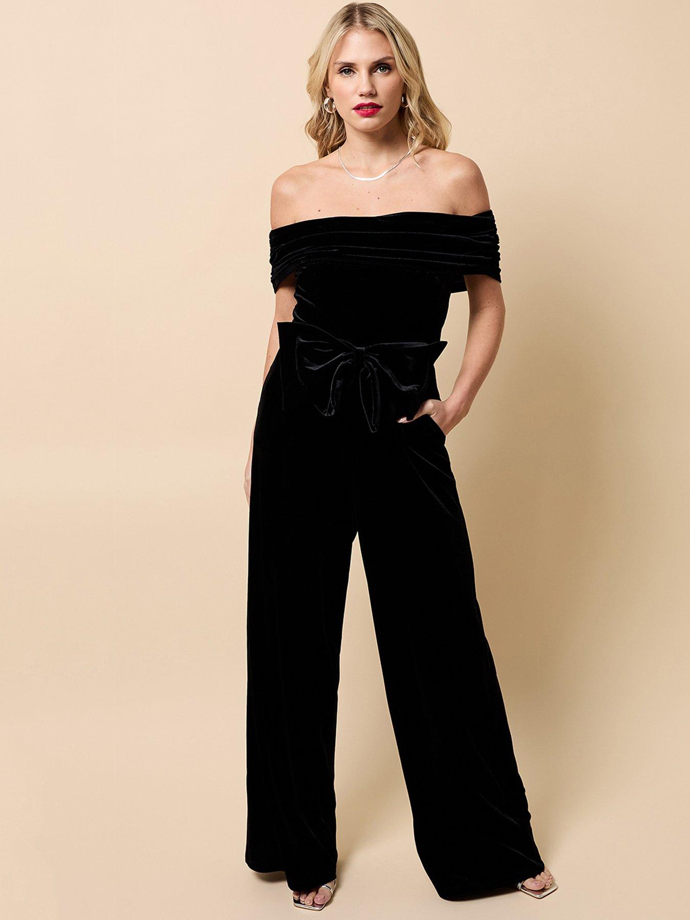 Little Mistress Black Velvet Bow Detail Bardot Jumpsuit