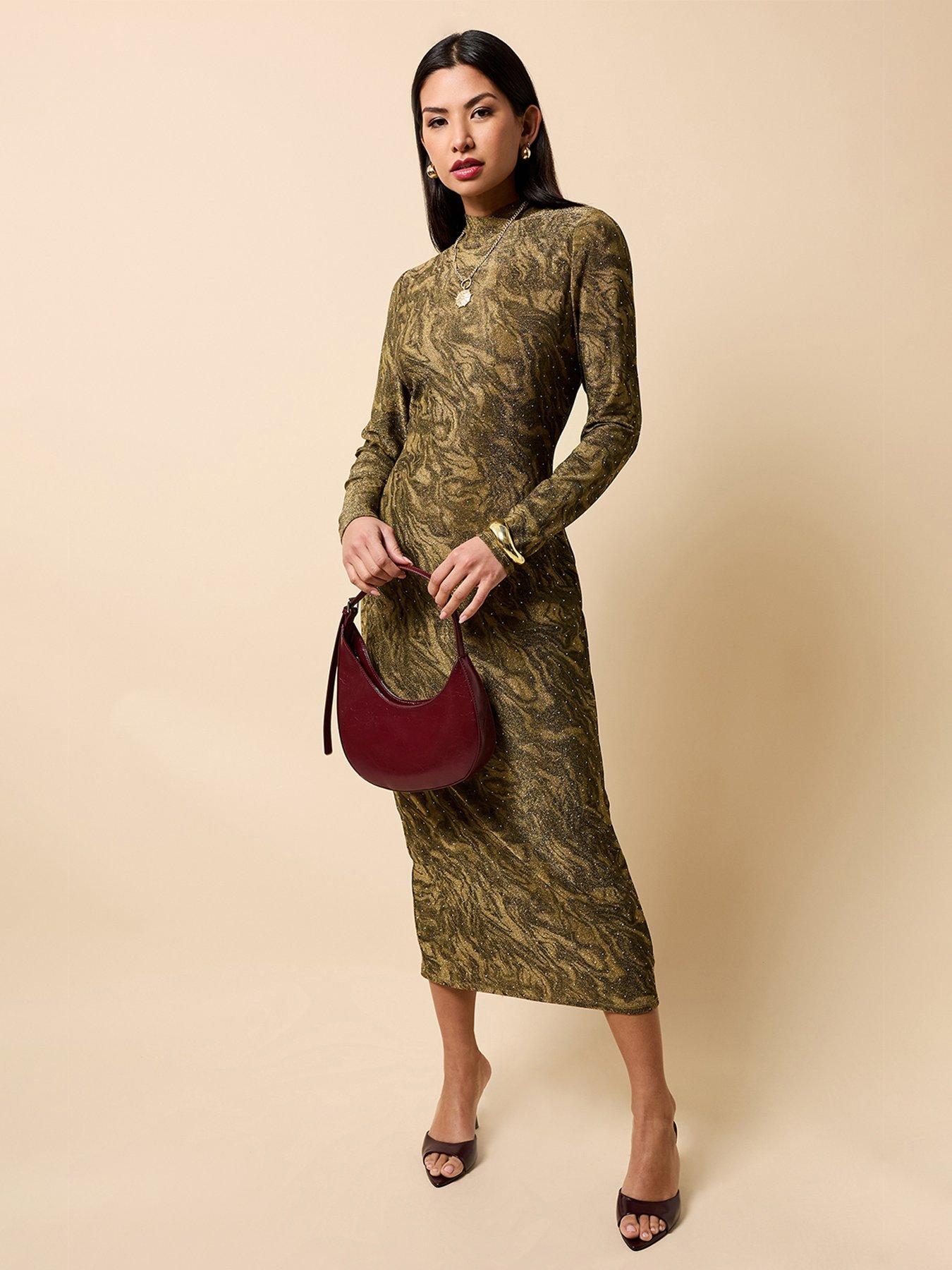 Little Mistress Gold Print Lurex Midaxi Dress