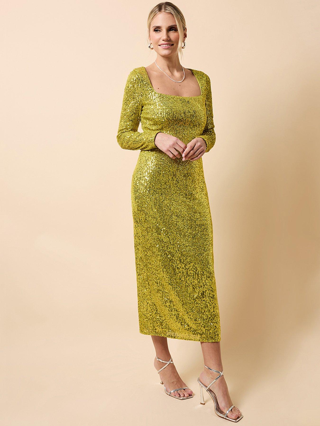 Little Mistress Sequin Square Neck Midaxi Dress - Green